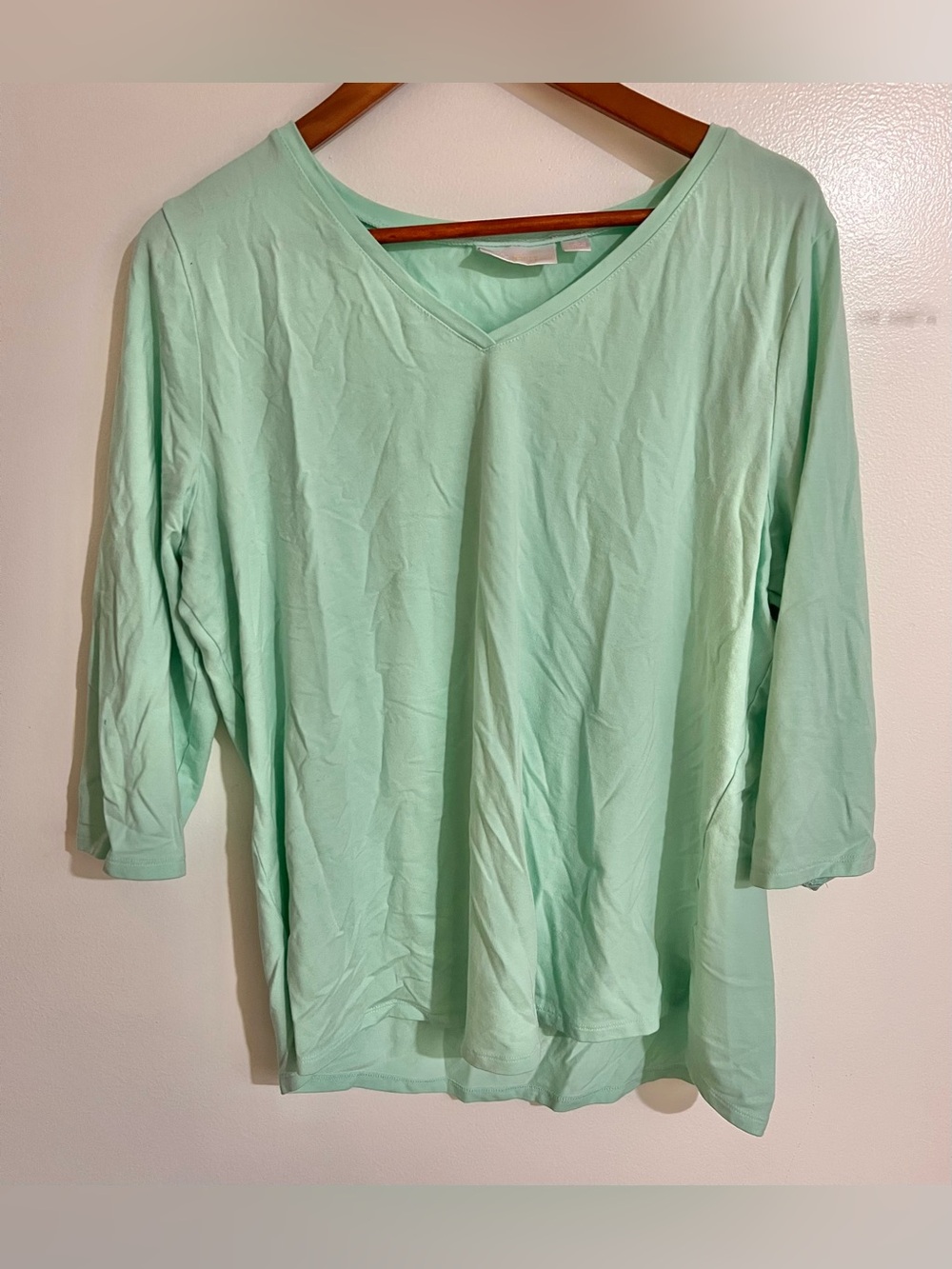Belle by Kim Gravel Women Large Luxe Pima Mint Green 3/4 Sleeve V-Neck Knit Top